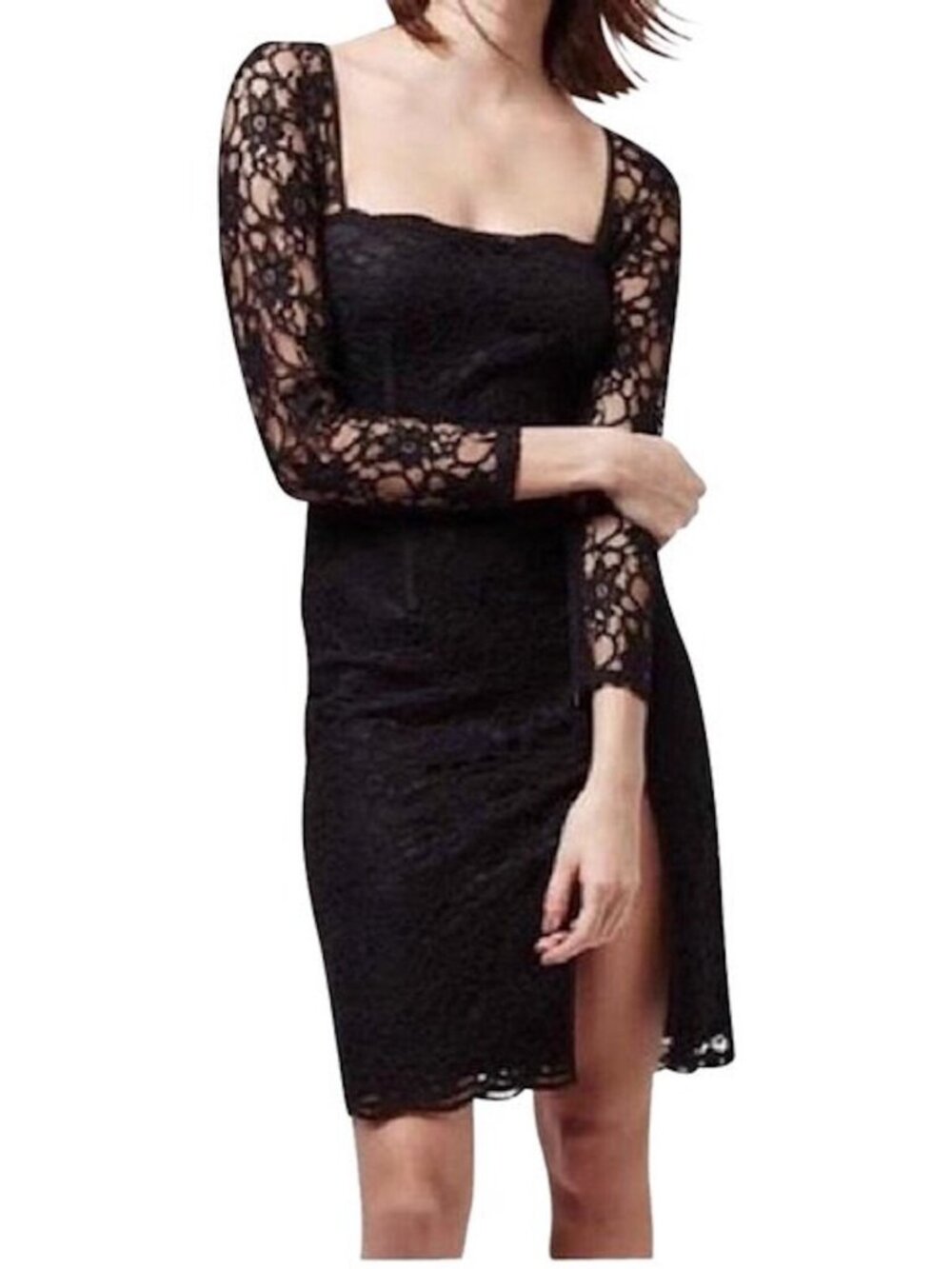 Topshop Womens Black Square Neck Long Sleeve Lace Sheath US 4 Cocktail Dress